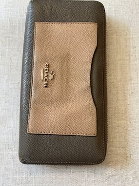 Coach Two-Tone Leather Zip Wallet in Brown and Beige